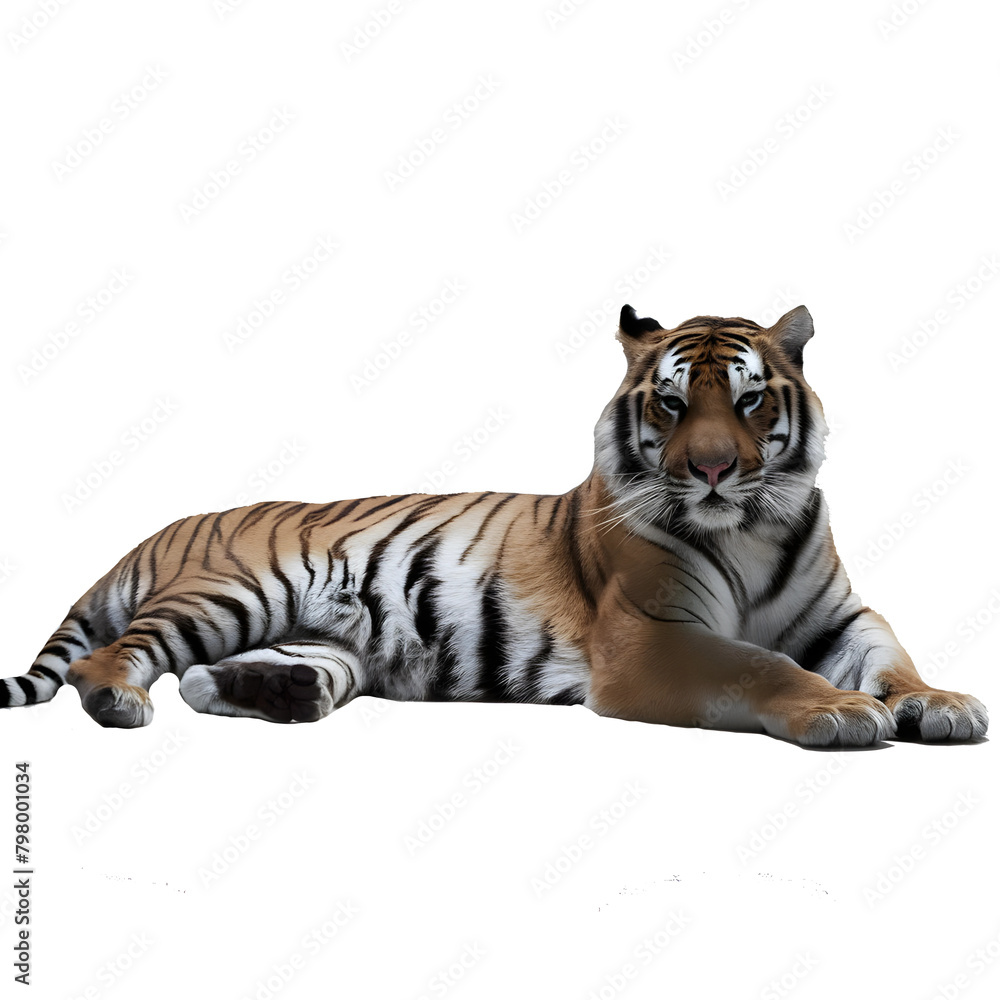 Obraz premium Tiger lying down isolated on white background.AI GENERATED