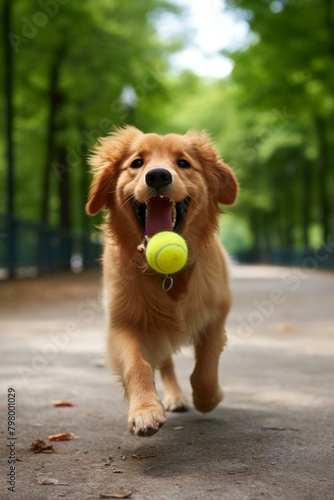 b'A Golden Retriever Dog Running in the Park With a Ball in Its Mouth'