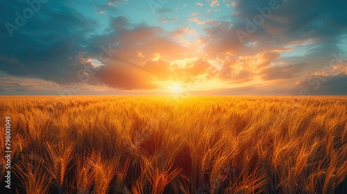 Golden wheat fields glow in rustic sunset's warm embrace