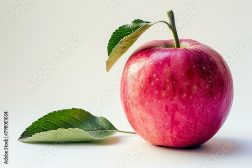 b'A red apple with a single leaf on a white background' photo