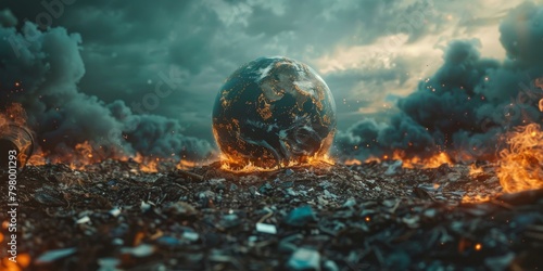 Post-apocalyptic world with a glowing earth in the middle of a garbage dump photo