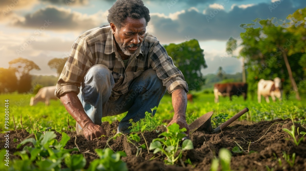 A Farmer Planting in the Field.