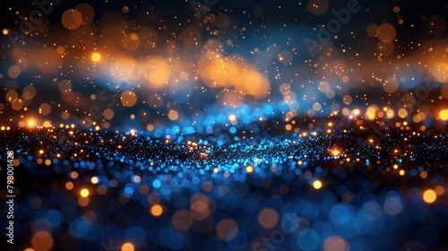 Background of abstract glitter lights. blue, gold and black. De focused