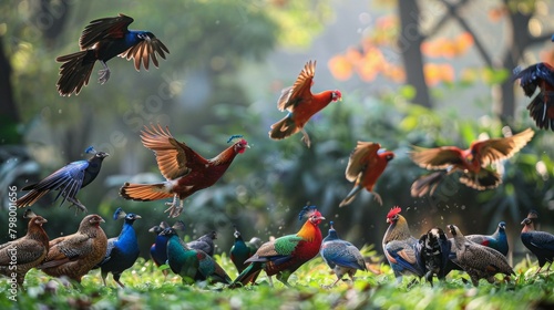 b'A group of colorful pheasants in a forest' photo