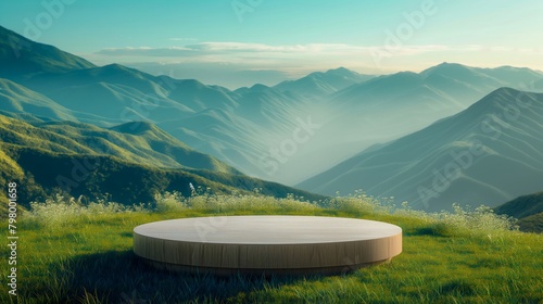 Outdoor product podium in a spring valley with lush grass and mountain range. Ideal for product display and nature themes. 3D visualization with a serene environment for design and marketing. © ArtStockVault