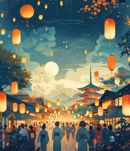b'A Crowd of People in Traditional Japanese Clothing Walking Through a Street with Lanterns' © Adobe Contributor