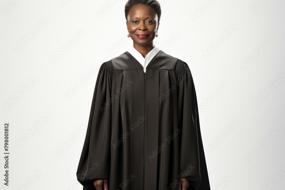 b'A smiling African-American female judge in a black robe'