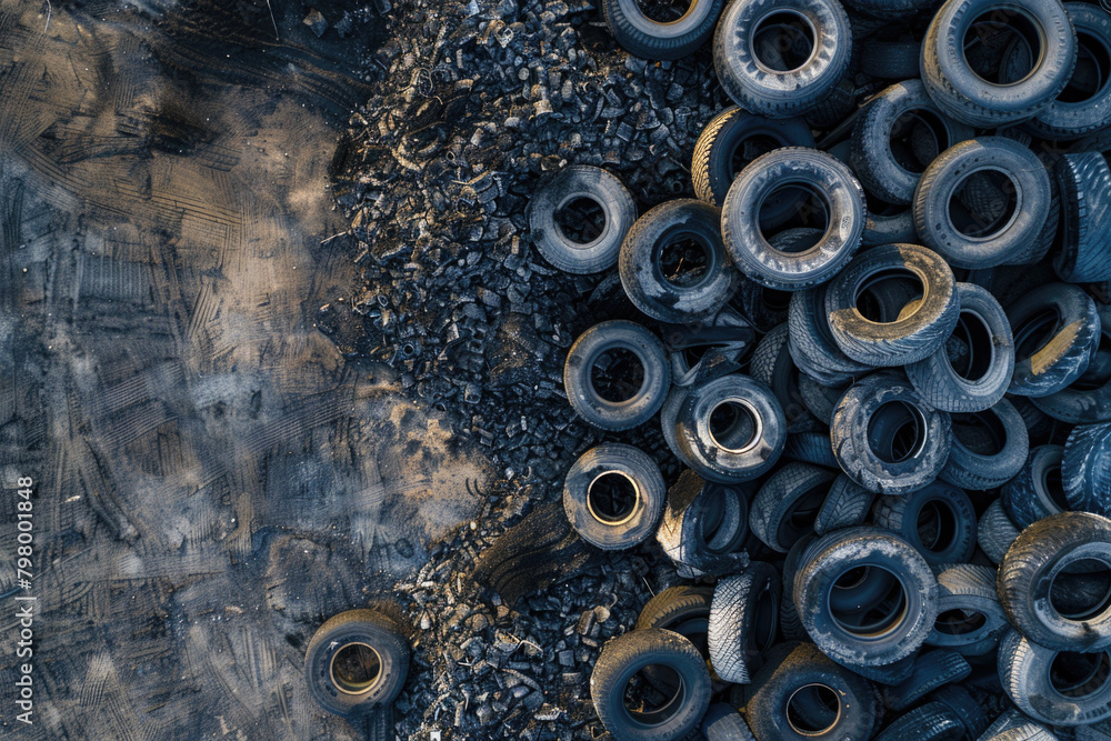 Aerial view of discarded tires in a junkyard or repair shop, highlighting recycling efforts and environmental impact.
Aerial view of discarded tires in a junkyard or repair shop, highlighting recycling efforts and environmental impact.