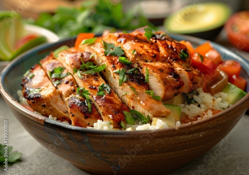 b'Grilled chicken breast with rice and vegetables' photo