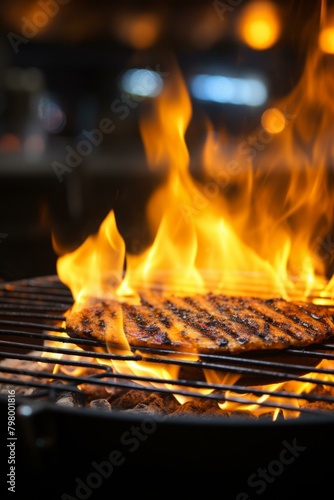 b'Grilled steak on a flaming grill with a blurred background'