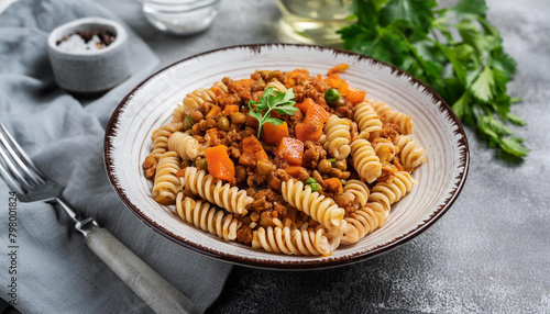 Close-up of vegan Bolognese pasta with lentils, carrots, celery. Tasty Italian food. Delicious meal.