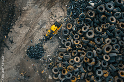 Aerial view of discarded tires in a junkyard or repair shop, highlighting recycling efforts and environmental impact.