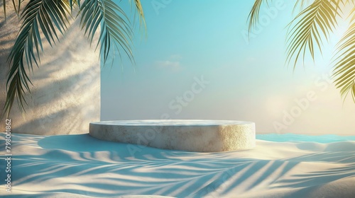 Tropical beach podium display with palm shadows and sand texture. Summer product presentation and vacation concept with place for text. 3D rendering.