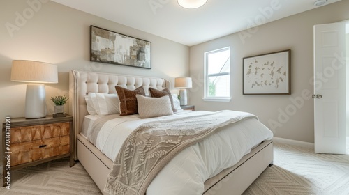 b A cozy and inviting master bedroom with neutral colors and a large bed 