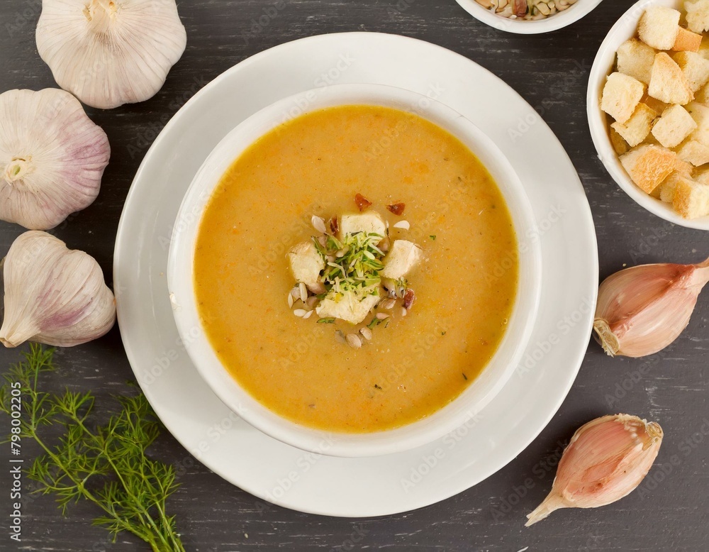 Knoblauchsuppe schön angerichtet ,draufsicht Knoblauchsuppe schön angerichtet ,draufsicht