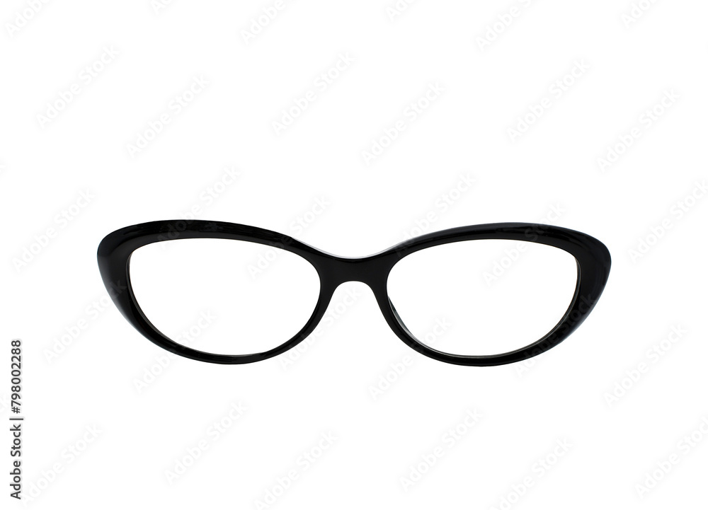 Pair of glasses with a black frame isolated on a plain white background. Fron view. Copy space. Pair of glasses with a black frame isolated on a plain white background. Fron view. Copy space.
