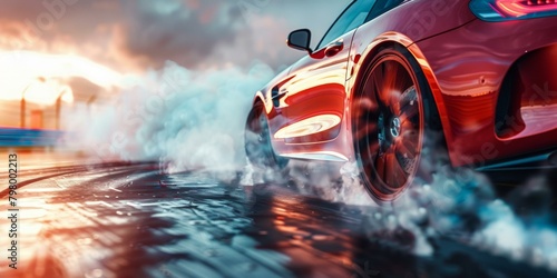 b'Red sports car drifting on a wet track'