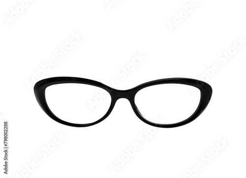 Pair of glasses with a black frame isolated on a plain white background. Fron view. Copy space.