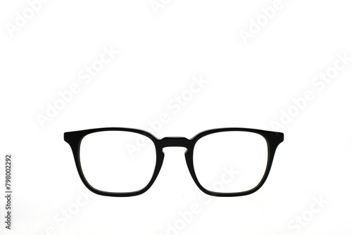 Front view of glasses with a black frame isolated on a plain white background.. Copy space.