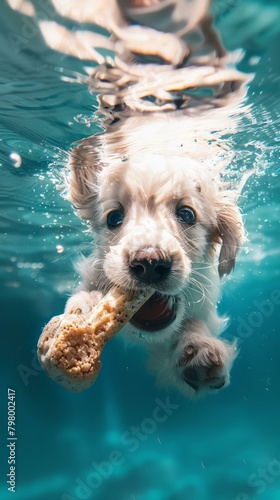 b'A Golden Retriever Puppy Playing Fetch Underwater'