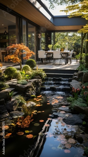 b'A beautiful garden with a waterfall and a pond'