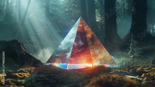 Mystical glowing pyramid in the middle of a foggy forest