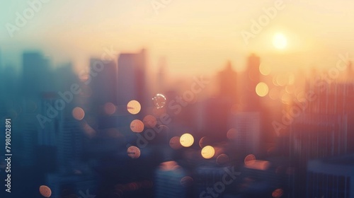 The bustling city skyline fades into a hazy blur as the evening sun dips below the horizon casting a tranquil mood over the landscape. . photo