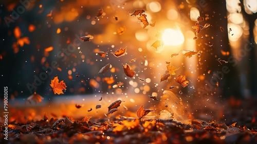 The image captures a magical autumn scene with a multitude of orange and brown leaves being tossed into the air, immersed in a warm golden light that suggests a setting sun. The leaves are in various  photo