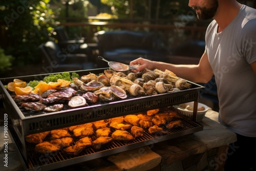 b'A man grilling oysters and chicken on a large grill'
