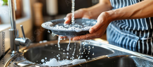 Close-up of woman hands washing plate with soap foam and water in modern kitchen interior.