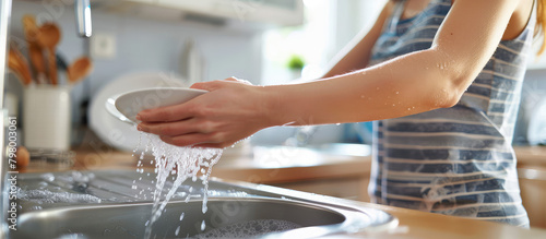 Close-up of woman hands washing plate with soap foam and water in modern kitchen white interior. photo
