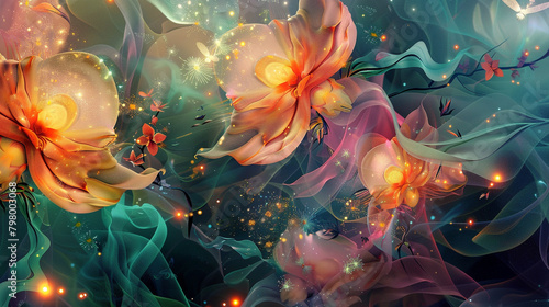 Captivating abstract florals with dynamic shapes and enchanting fireflies. Watercolor 3D illustration  texture.