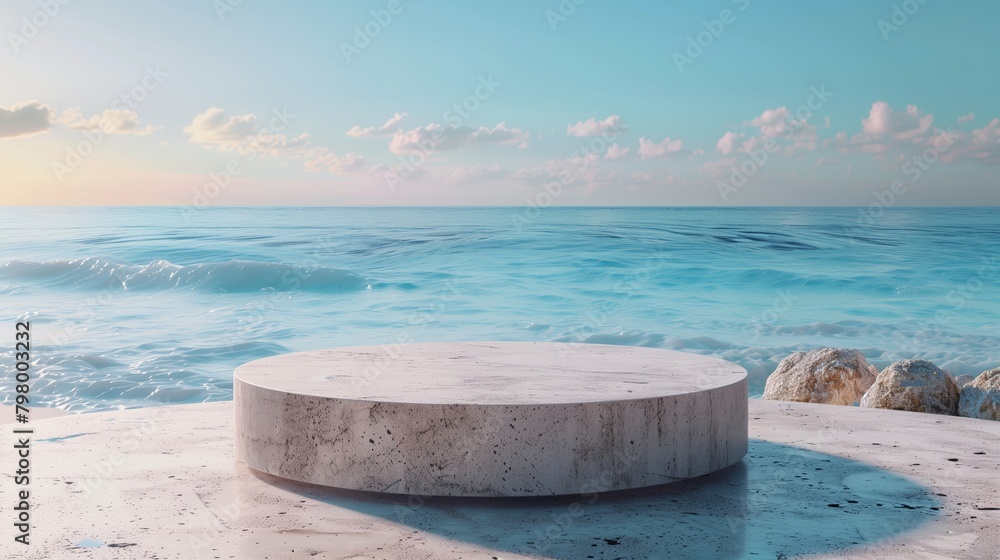 Concrete display podium at seaside. Calm ocean and sunrise backdrop with copy space for advertising. Design for product showcase.