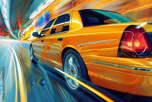 Yellow business car speeding on high-speed turn. Taxi rushing along busy highway curve in urban area