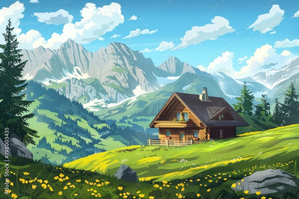 A house situated in a lush green field with majestic mountains in the background. Ideal for nature and real estate concepts A house situated in a lush green field with majestic mountains in the background. Ideal for nature and real estate concepts