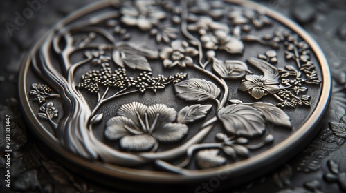 Close-up of an ornate medallion with botanical relief. Intricate metal carving on a textured backdrop. Jewelry and art concept.