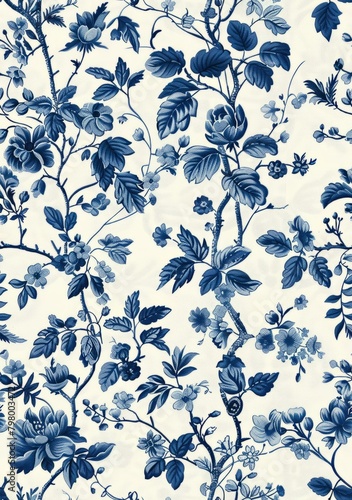 b'Blue and white chinoiserie floral pattern' photo