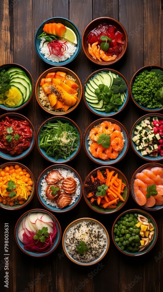 b'Various bowls of food including poke bowls, salads, and grain bowls'