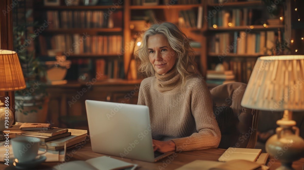 A woman is sitting at a desk with a laptop and a book. She is smiling and she is enjoying her work