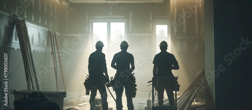 Rear view of professional interior renovation crew worker in home apartment background. Banner for company  renovation of new buildings and secondary housing.