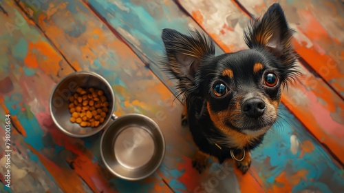 Small dog with large ears sitting by a bowl of food. High-angle pet portrait with a vibrant rustic background.