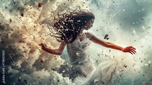 A woman in a flowing white dress appears to be in dynamic motion amidst an explosion of feathers and fragments. Her long, dark hair is being tossed by an unseen force. The background suggests a surrea photo