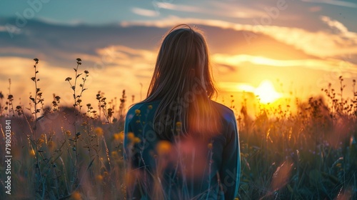 A person stands amidst a field of tall grass and wildflowers, gazing towards a stunning sunset. Their back is to the camera, and their hair falls straight down, catching the golden light. The setting 