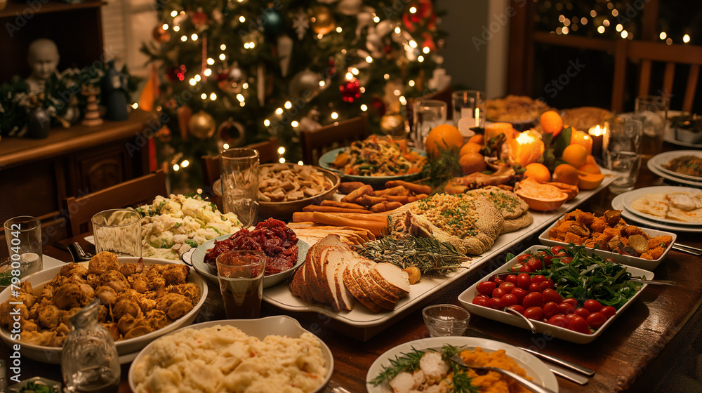 Picture of the dining table at Christmas Buddha amulet with lots of food, turkey, white, Christmas tree and lights.