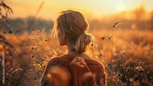 A woman is standing in a field during golden hour, the time shortly before sunset which creates a warm, golden light. The woman is seen from behind and is slightly turned to her right side, with her f