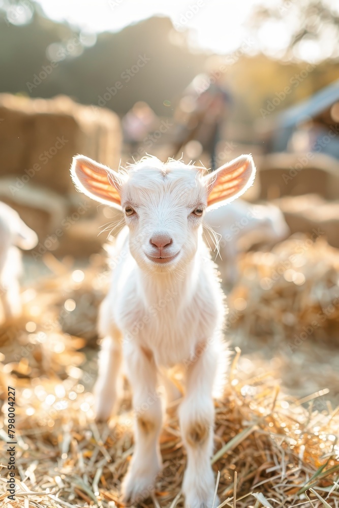 Happy cute goat on farm with copy space, vertical image ideal for animal and farming concepts Happy cute goat on farm with copy space, vertical image ideal for animal and farming concepts