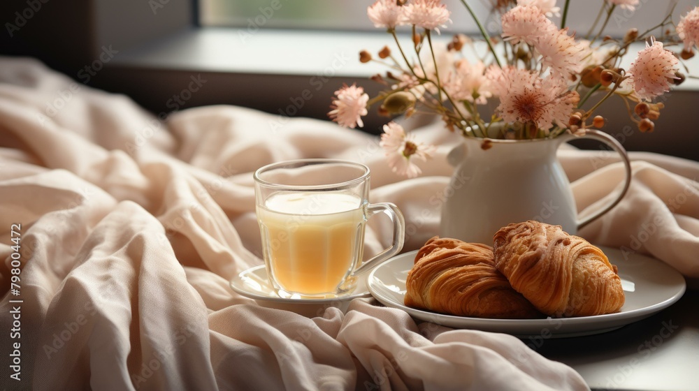 b'Still life with croissants, flowers and milk' b'Still life with croissants, flowers and milk'