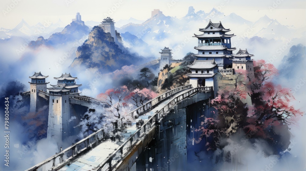 b'An illustration of a Chinese landscape with mountains, a bridge, and a pagoda.'