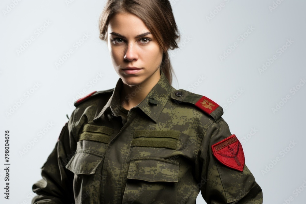 b'Portrait of a young and beautiful female soldier' b'Portrait of a young and beautiful female soldier'