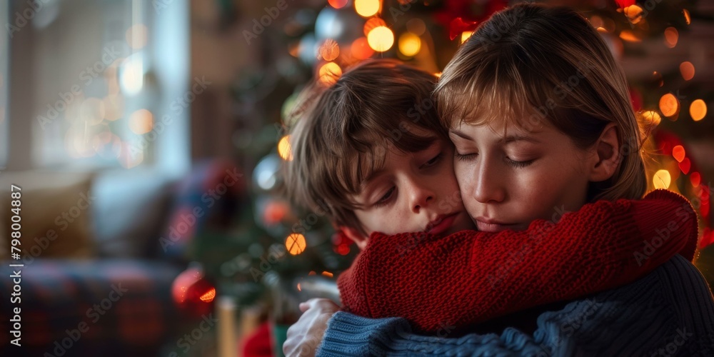 A mother and her son are hugging each other in front of a Christmas tree. A mother and her son are hugging each other in front of a Christmas tree.